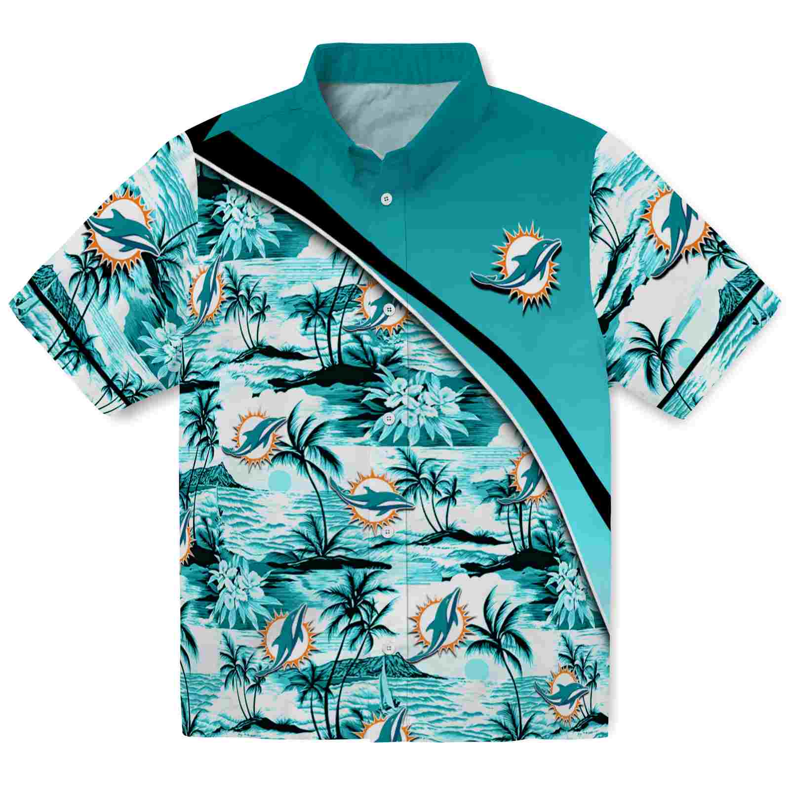 Keptsake Miami Dolphins Sunset Palms Aqua White Premium Hawaiian Shirt
