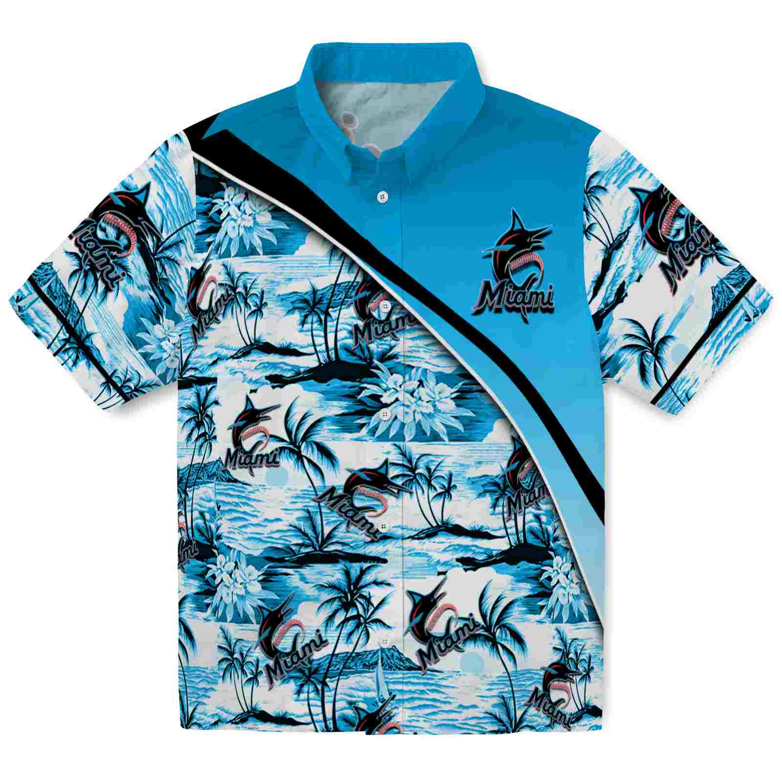 Keptsake Miami Marlins Sunset Palms Blue White Premium Hawaiian Shirt