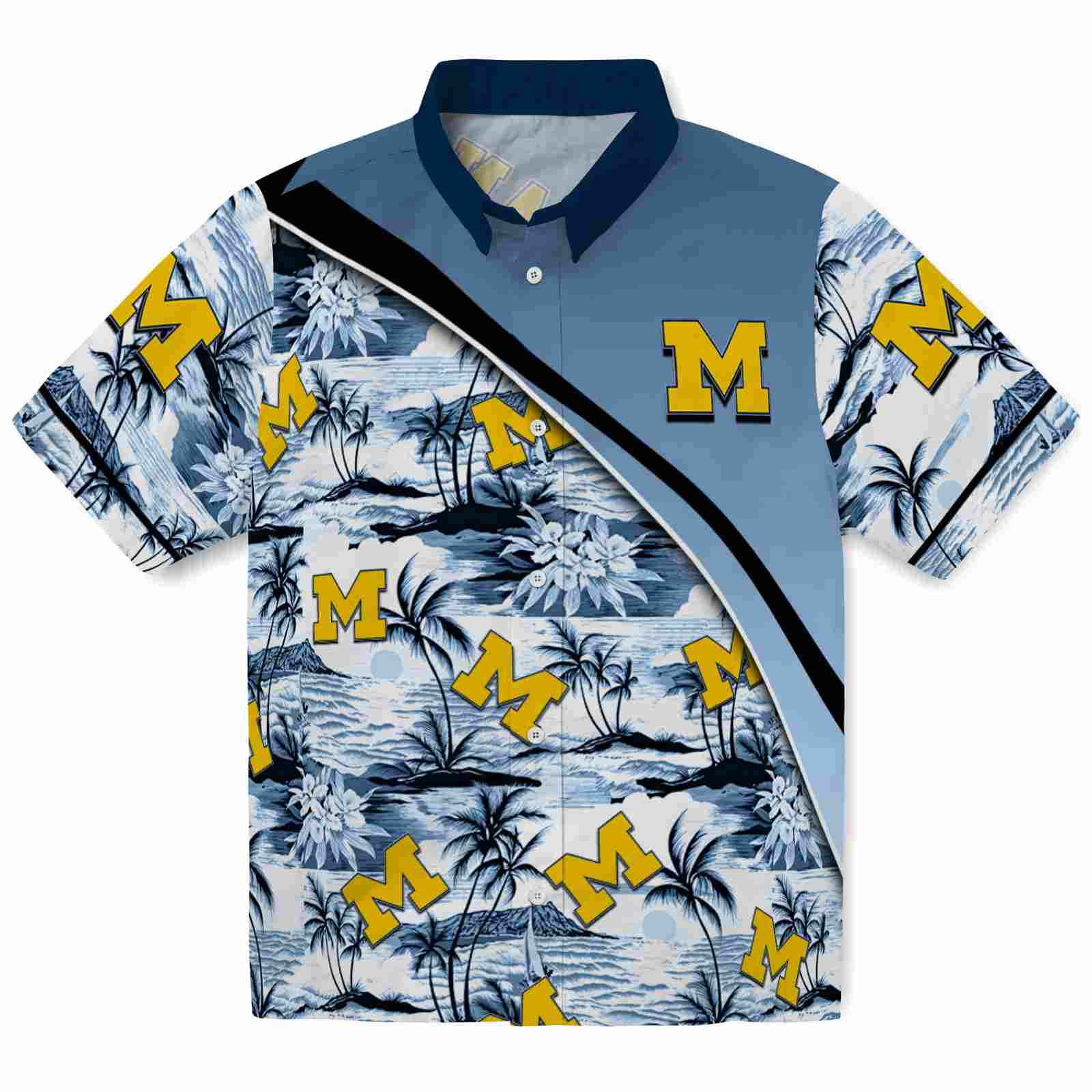 Keptsake Michigan Wolverines Sunset Palms Blue White Premium Hawaiian Shirt