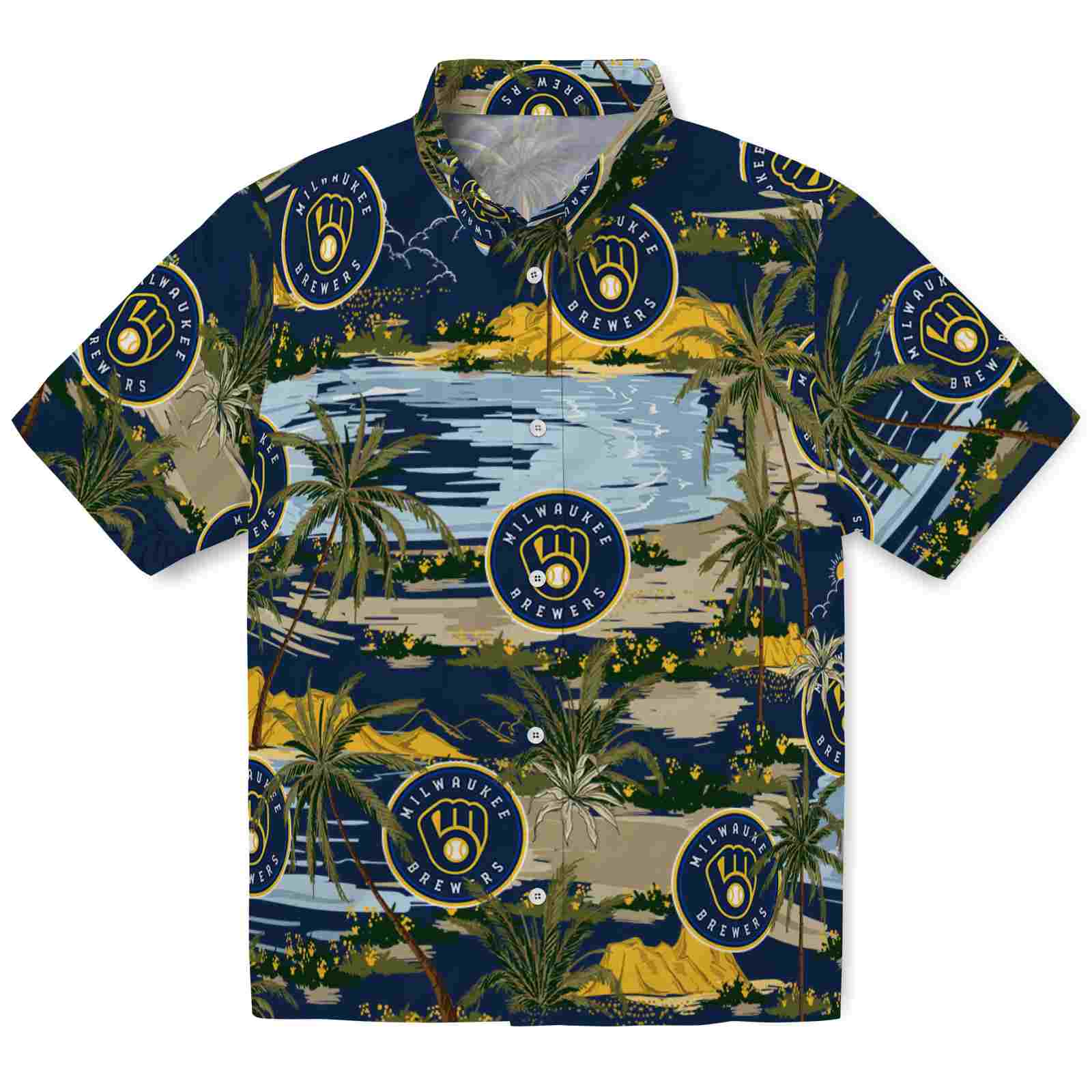 Keptsake Milwaukee Brewers Palm Horizon Navy Blue Premium Hawaiian Shirt