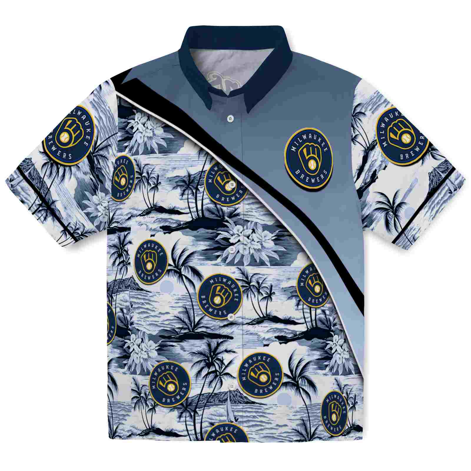 Keptsake Milwaukee Brewers Sunset Palms Navy Blue White Premium Hawaiian Shirt