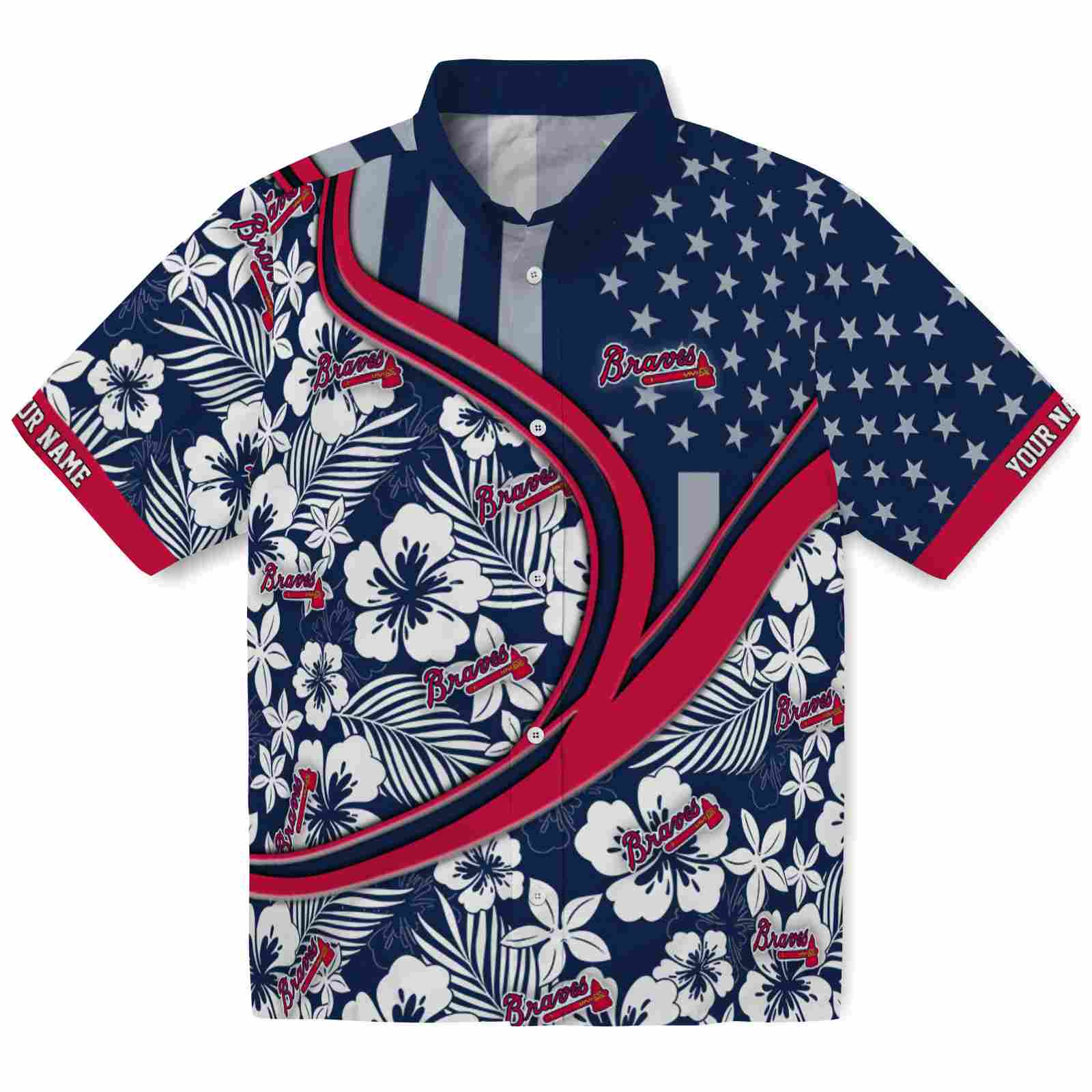 Keptsake Personalized Atlanta Braves Floral Wave Navy White Premium Hawaiian Shirt