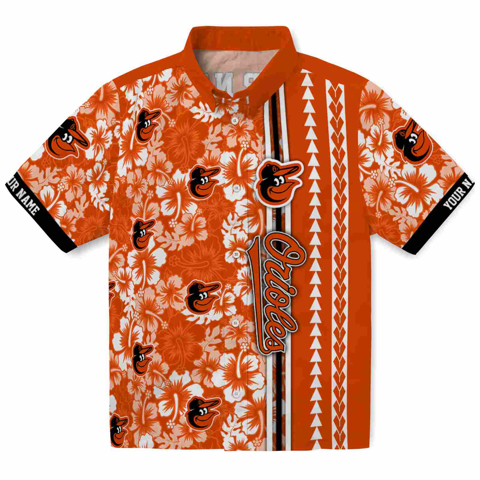 Keptsake Personalized Baltimore Orioles Hibiscus Arrows Orange White Premium Hawaiian Shirt