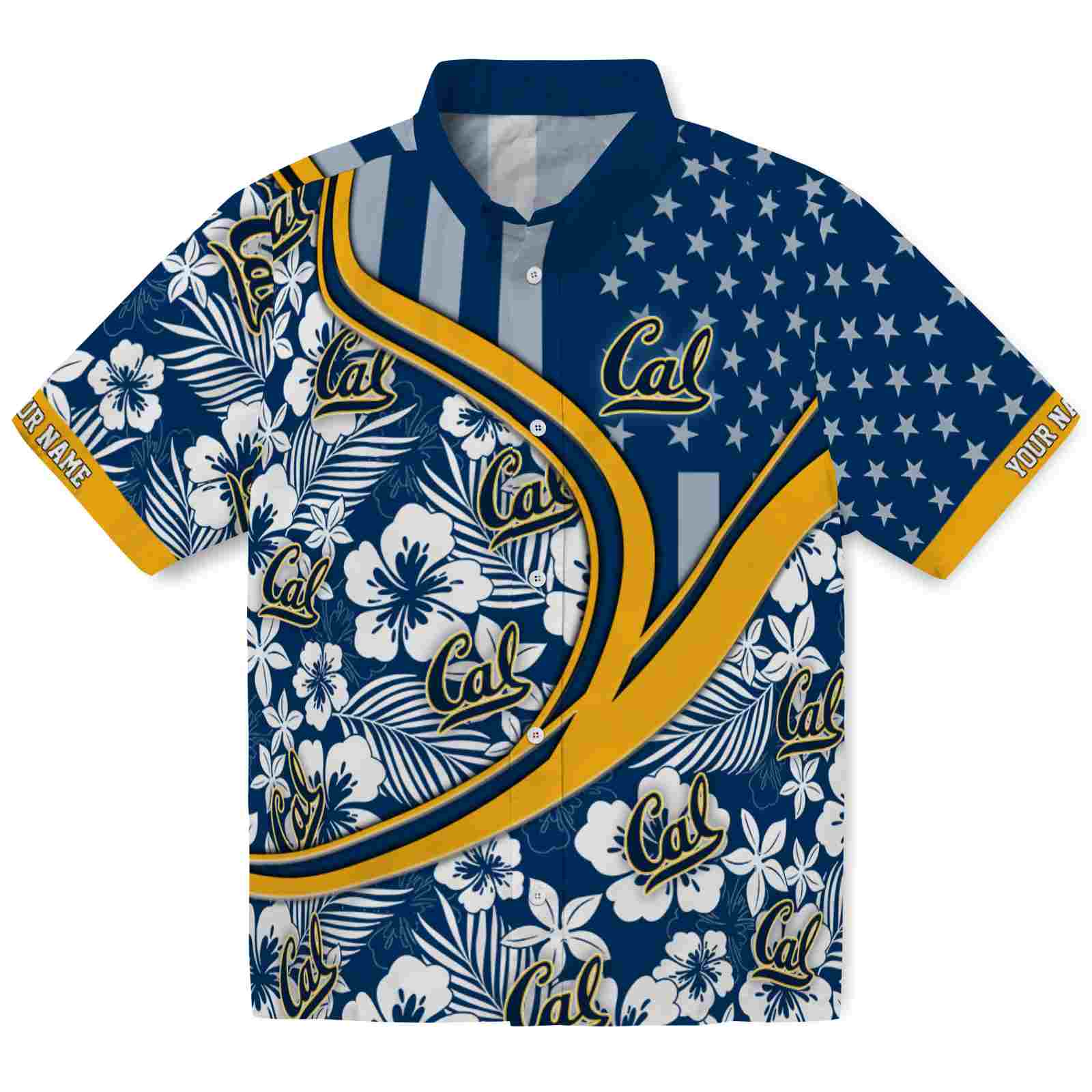 Keptsake Personalized California Golden Bears Floral Wave Blue White Premium Hawaiian Shirt