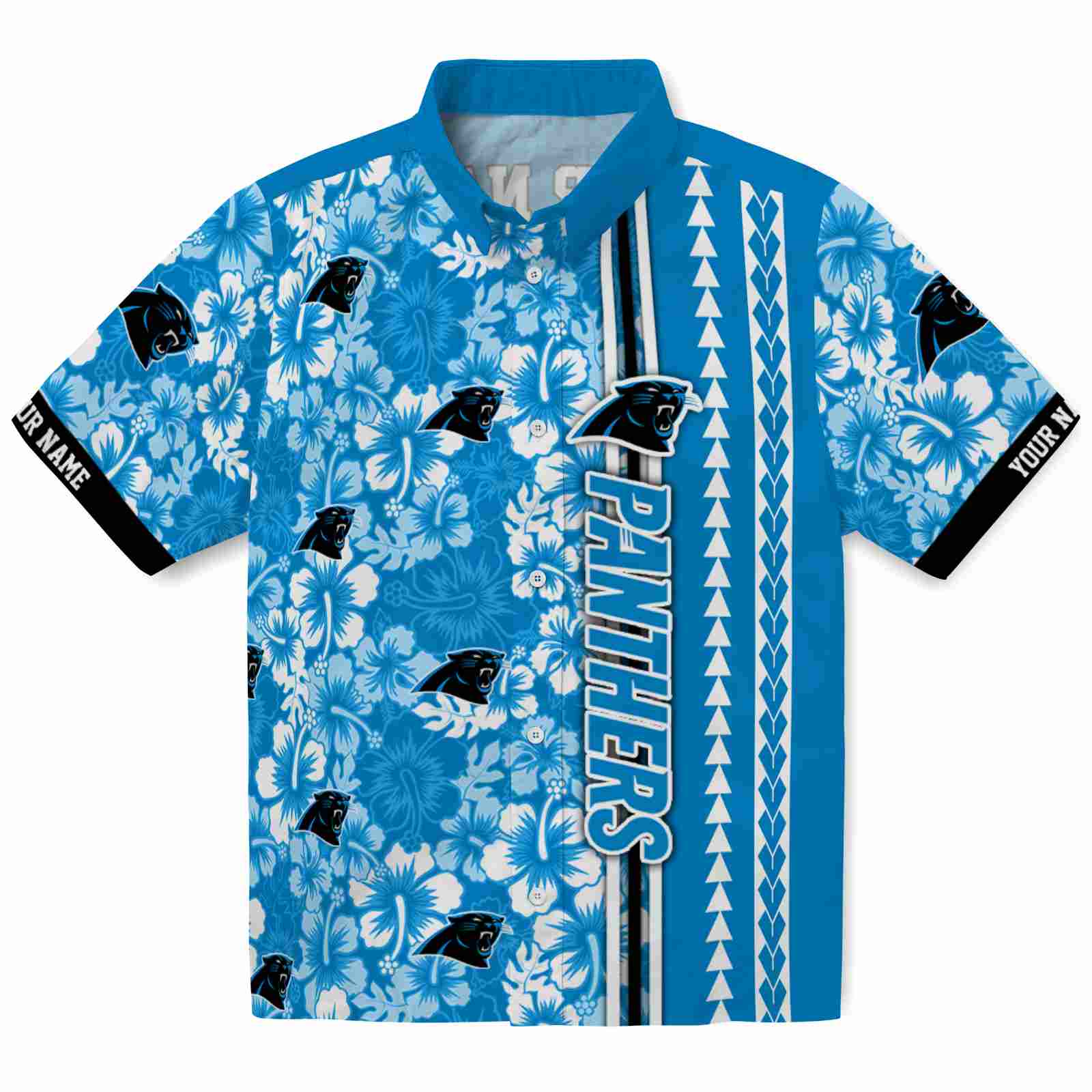 Keptsake Personalized Carolina Panthers Hibiscus Arrows Blue White Premium Hawaiian Shirt