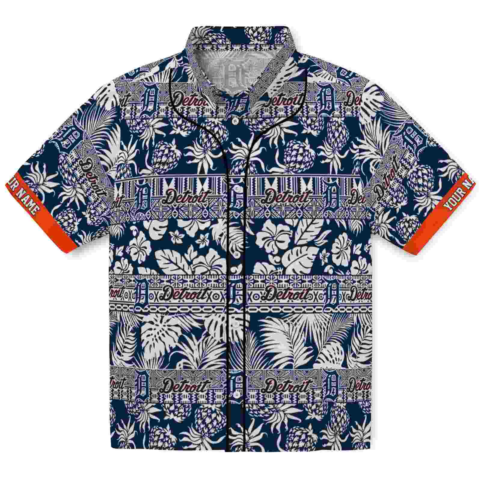 Keptsake Personalized Detroit Tigers Tribal Stripes Navy White Premium Hawaiian Shirt