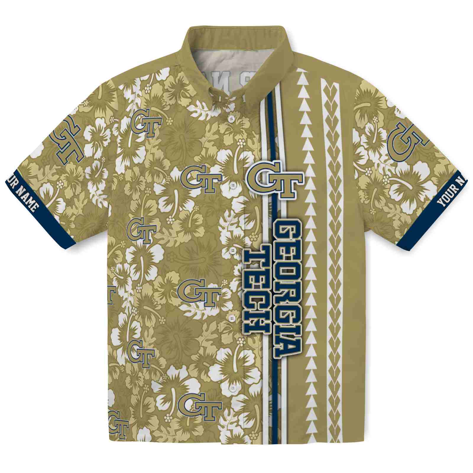 Keptsake Personalized Georgia Tech Yellow Jackets Hibiscus Arrows Gold White Premium Hawaiian Shirt