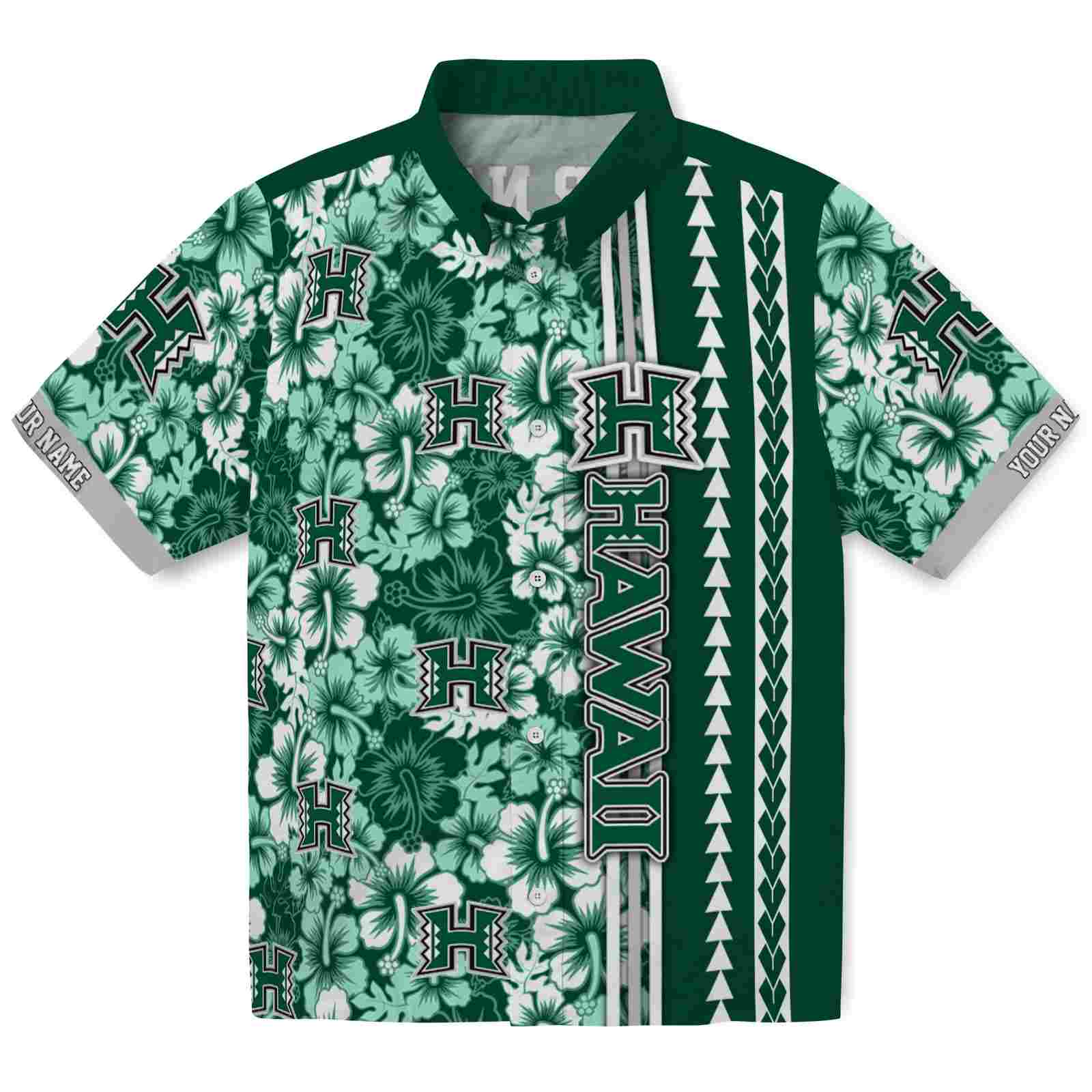 Keptsake Personalized Hawaii Rainbow Warriors Hibiscus Arrows Green White Premium Hawaiian Shirt