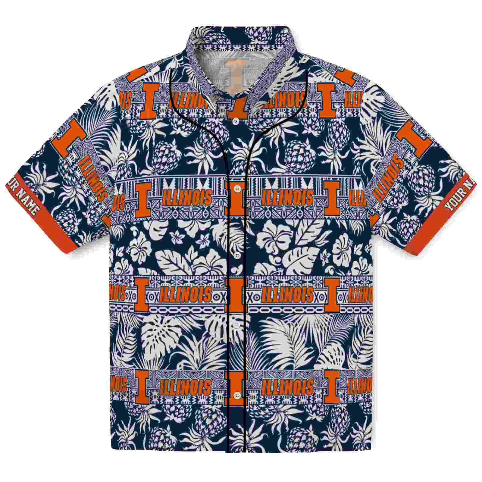 Keptsake Personalized Illinois Fighting Illini Tribal Stripes Blue White Premium Hawaiian Shirt