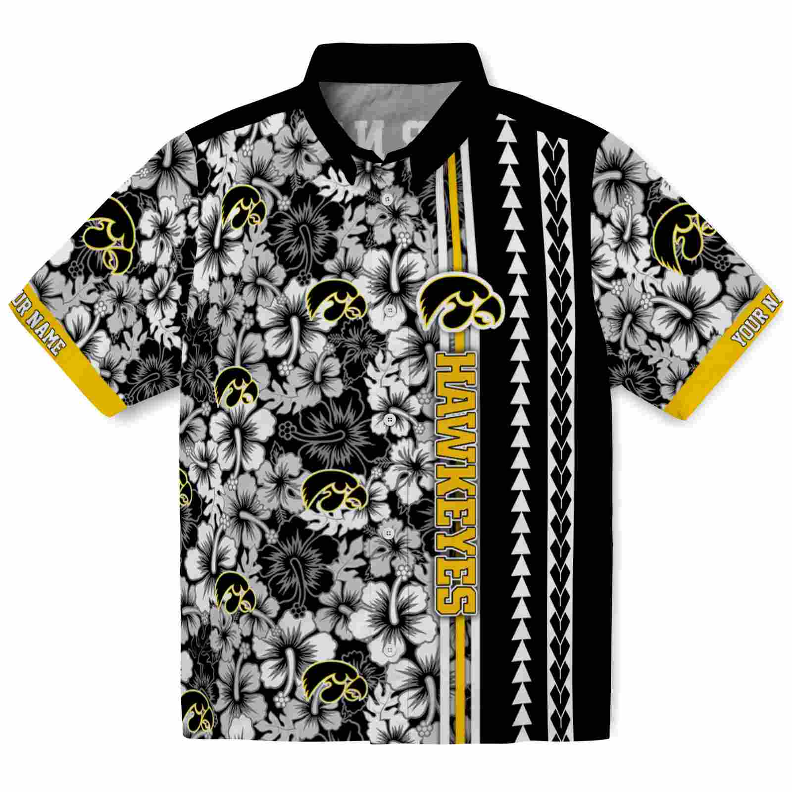 Keptsake Personalized Iowa Hawkeyes Hibiscus Arrows Black White Premium Hawaiian Shirt