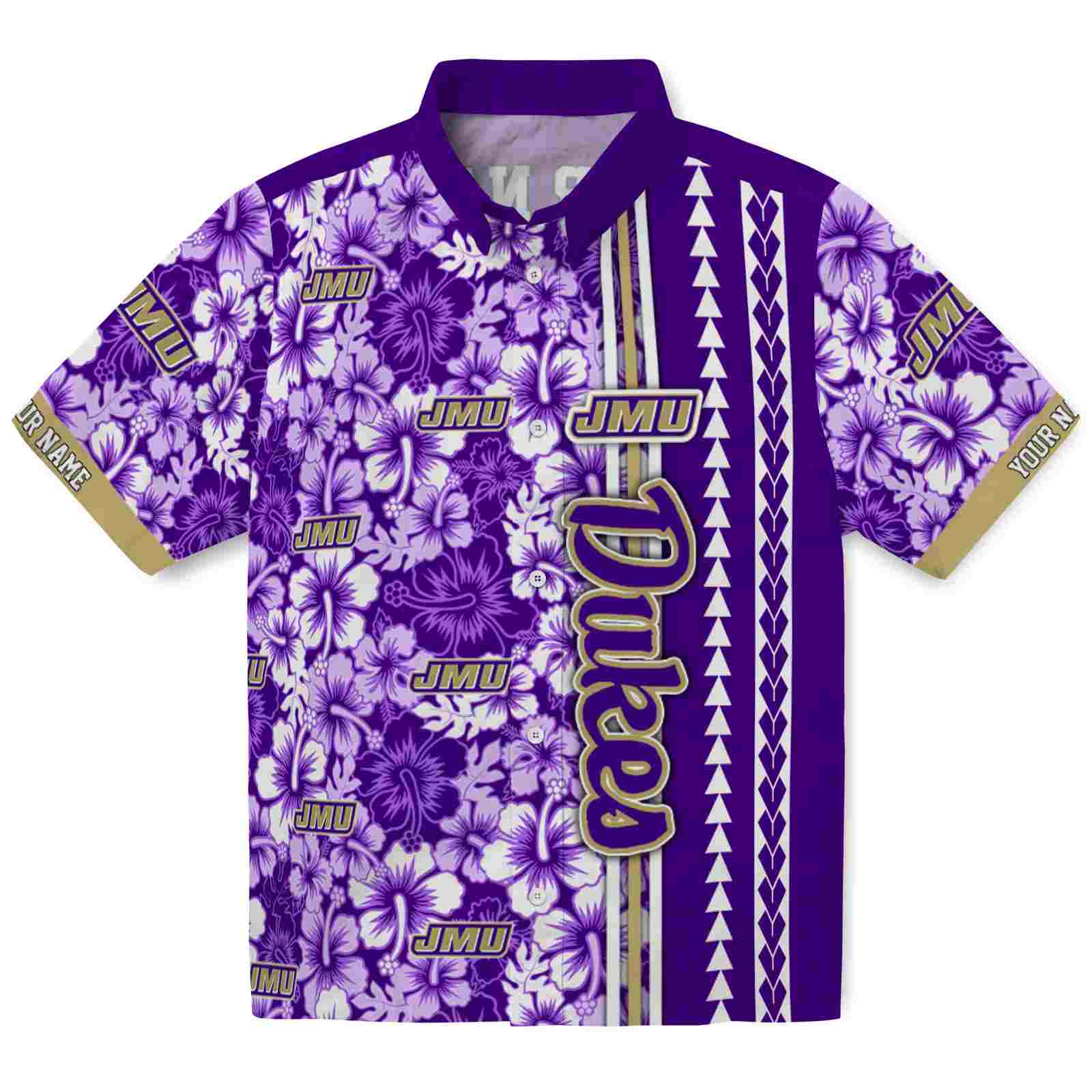 Keptsake Personalized James Madison Dukes Hibiscus Arrows Purple White Premium Hawaiian Shirt