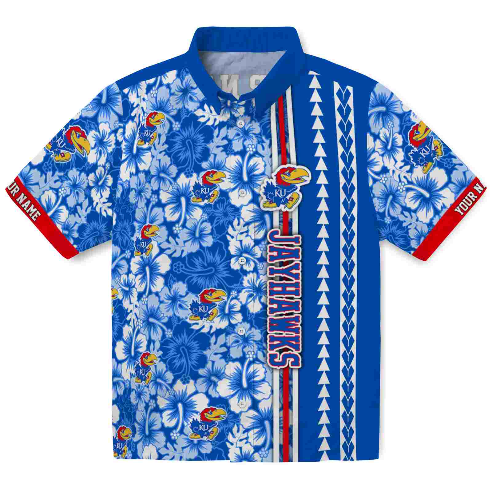 Keptsake Personalized Kansas Jayhawks Hibiscus Arrows Blue White Premium Hawaiian Shirt