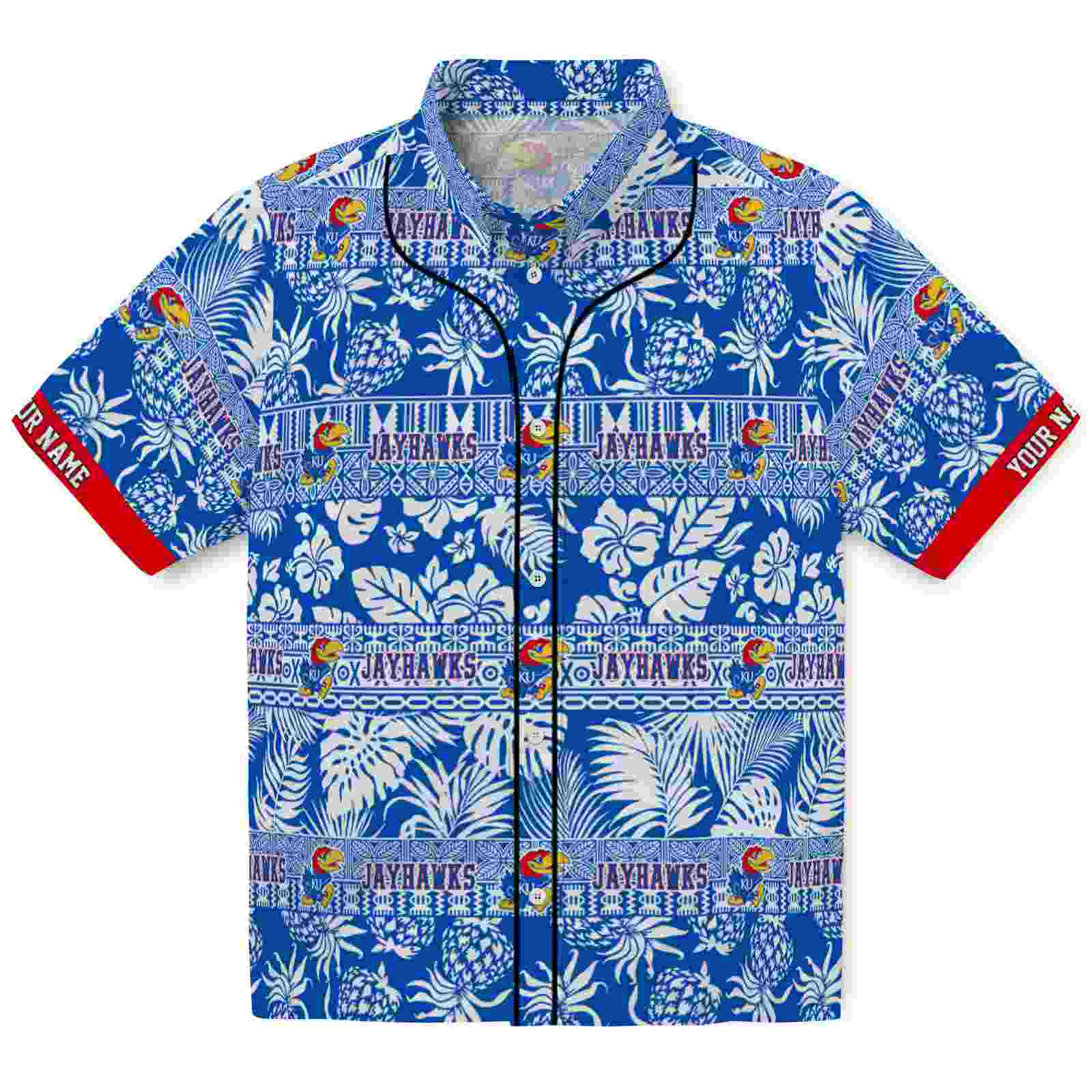Keptsake Personalized Kansas Jayhawks Tribal Stripes Blue White Premium Hawaiian Shirt