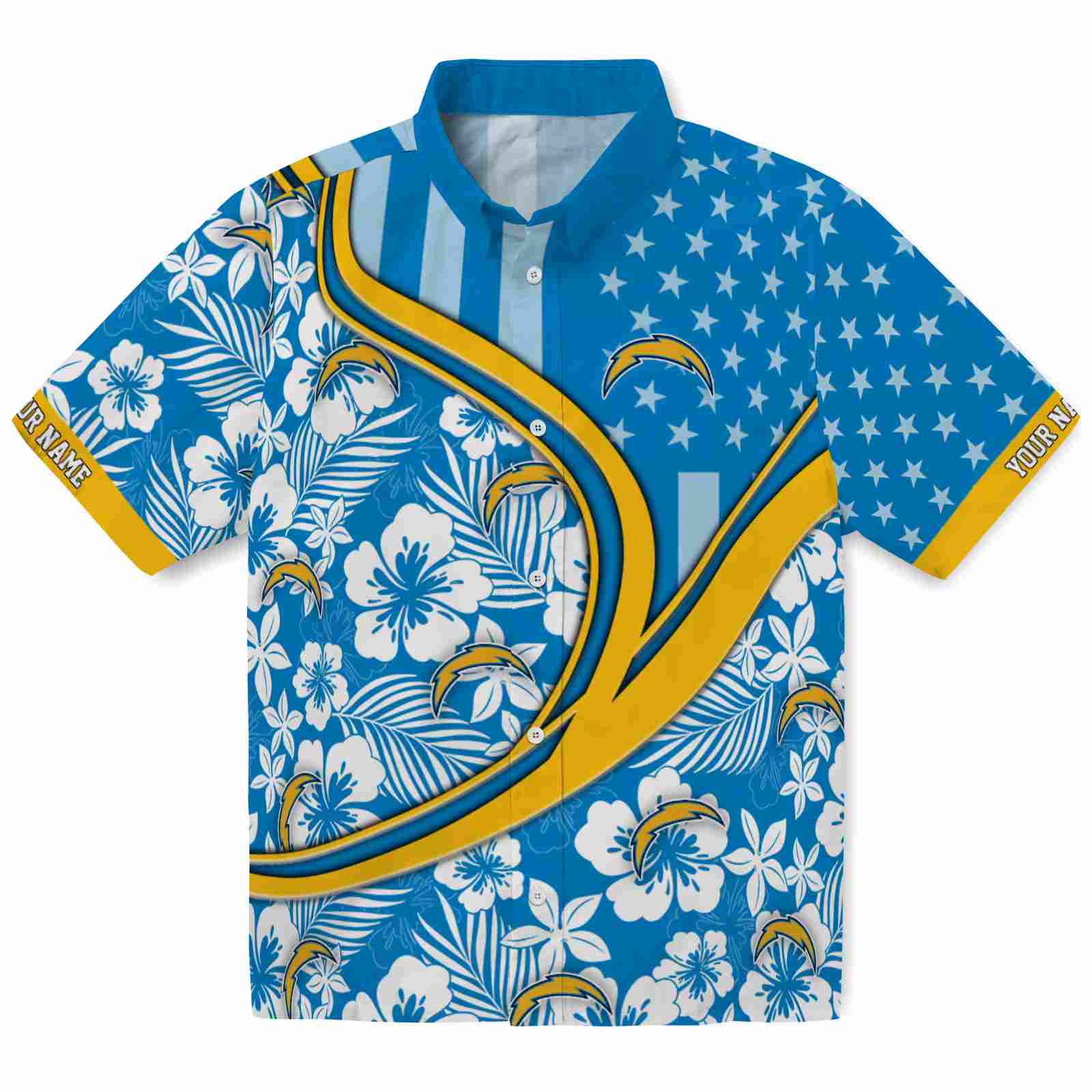 Keptsake Personalized Los Angeles Chargers Floral Wave Blue White Premium Hawaiian Shirt