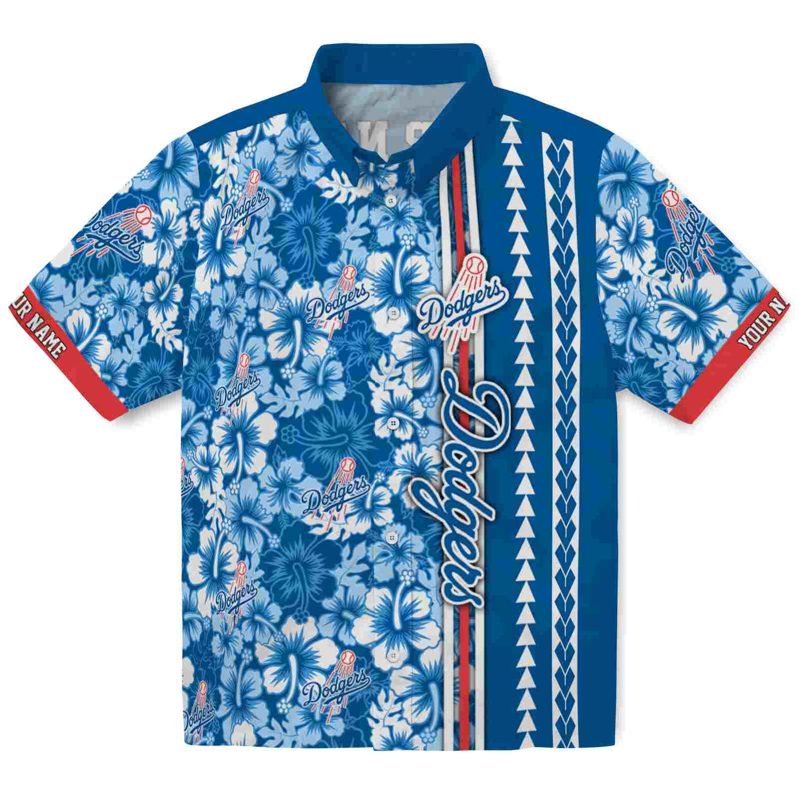 Keptsake Personalized Los Angeles Dodgers Hibiscus Arrows Blue White Premium Hawaiian Shirt