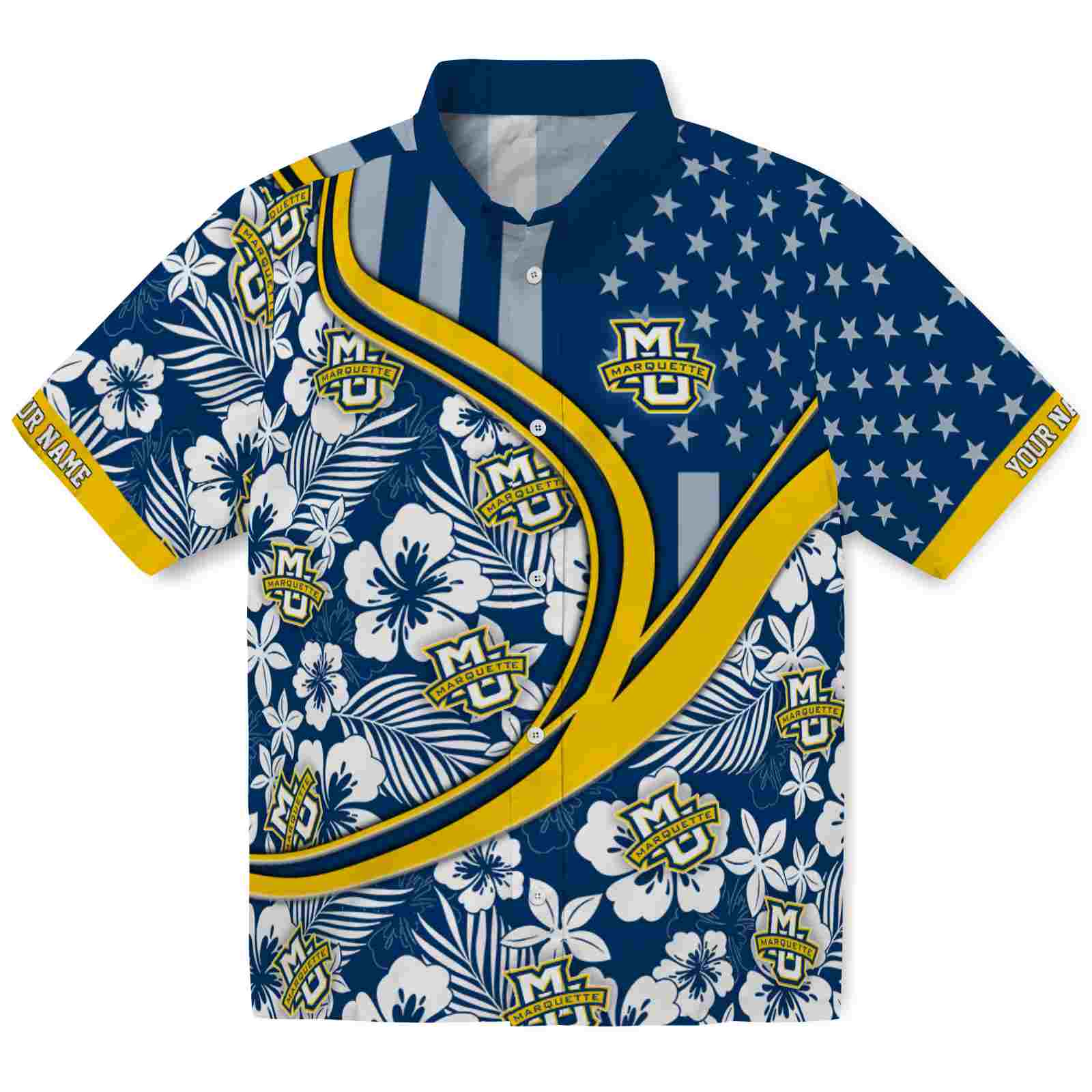 Keptsake Personalized Marquette Golden Eagles Floral Wave Blue White Premium Hawaiian Shirt