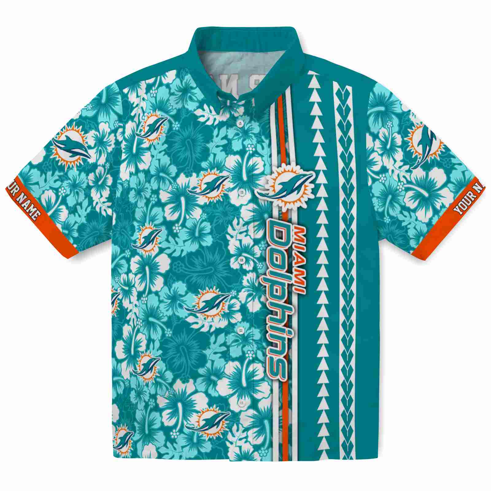 Keptsake Personalized Miami Dolphins Hibiscus Arrows Aqua White Premium Hawaiian Shirt