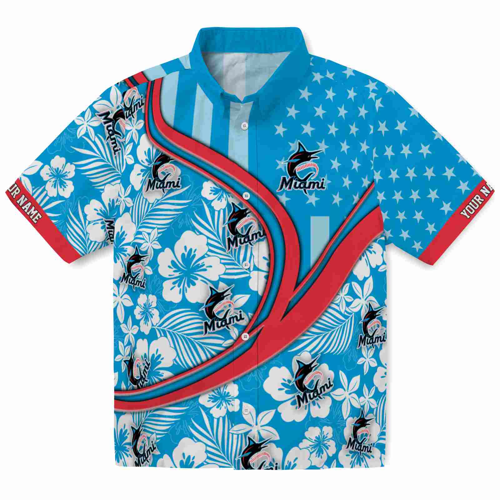 Keptsake Personalized Miami Marlins Floral Wave Blue White Premium Hawaiian Shirt