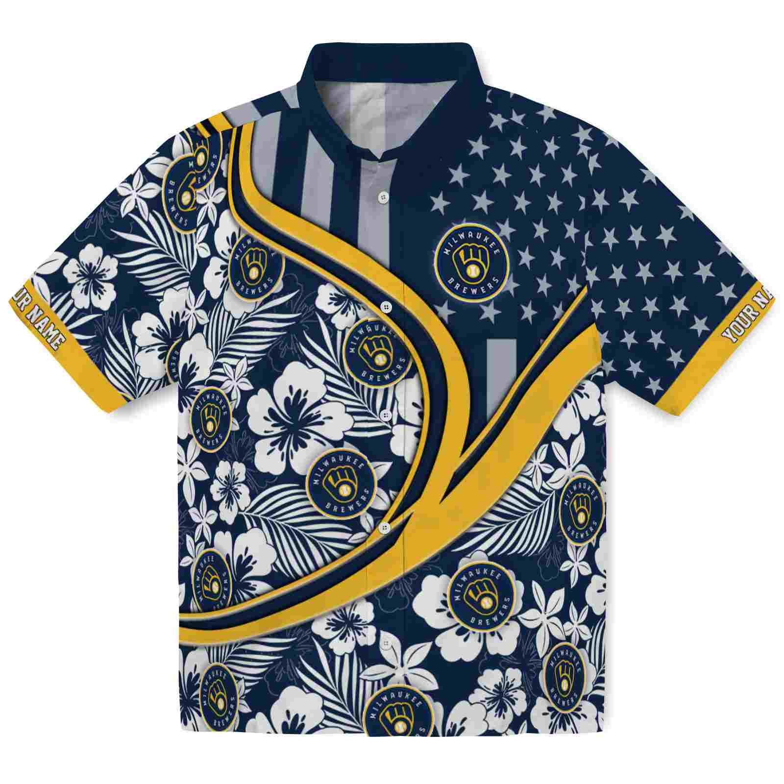 Keptsake Personalized Milwaukee Brewers Floral Wave Navy Blue White Premium Hawaiian Shirt