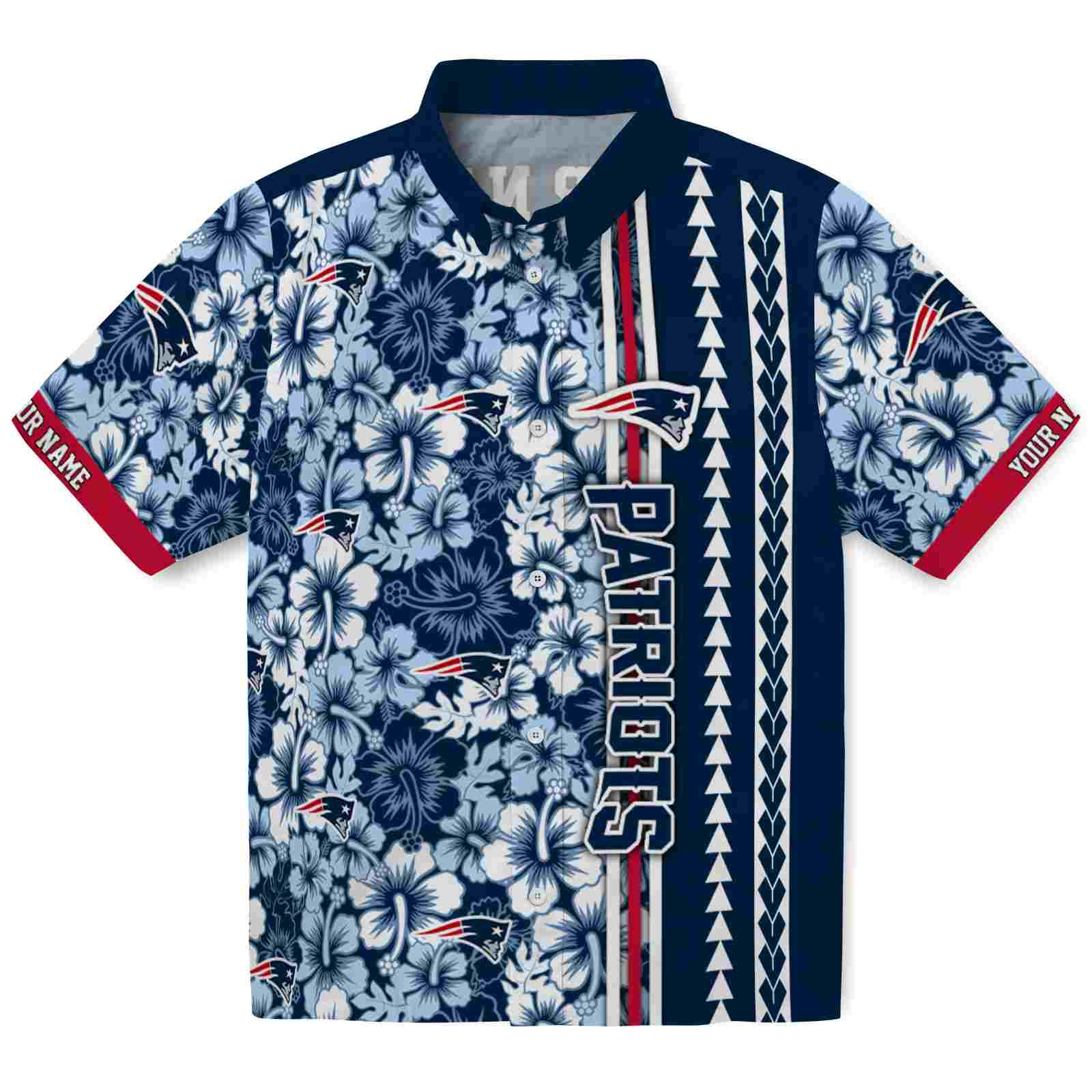 Keptsake Personalized New England Patriots Hibiscus Arrows Blue White Premium Hawaiian Shirt