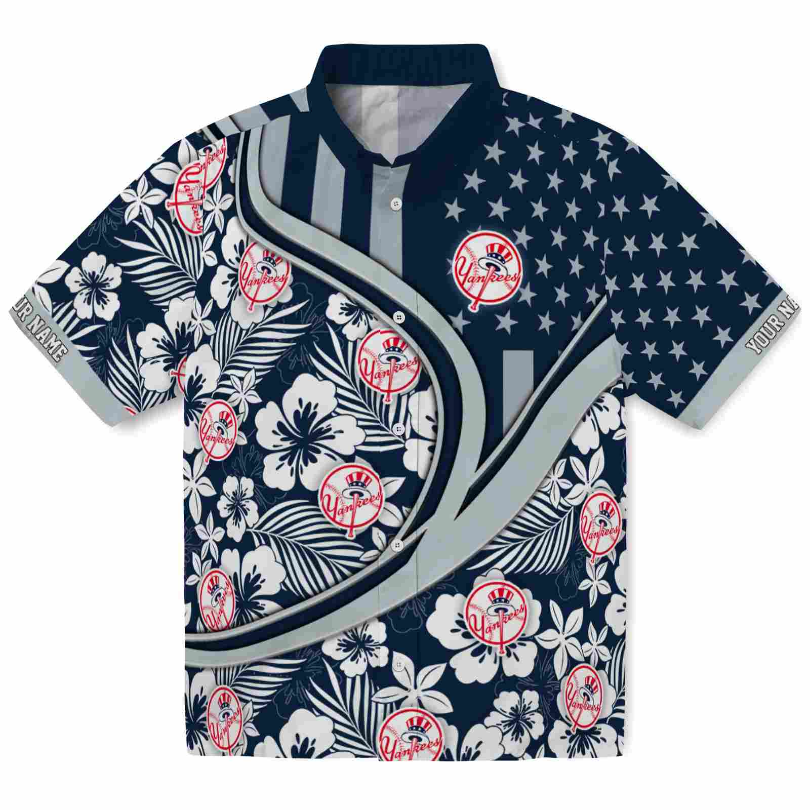 Keptsake Personalized New York Yankees Floral Wave Navy White Premium Hawaiian Shirt