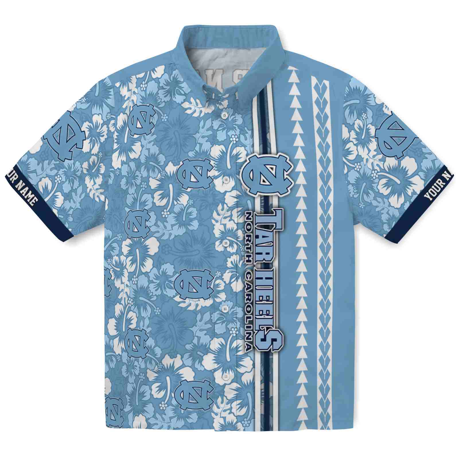 Keptsake Personalized North Carolina Tar Heels Hibiscus Arrows Light Blue White Premium Hawaiian Shirt