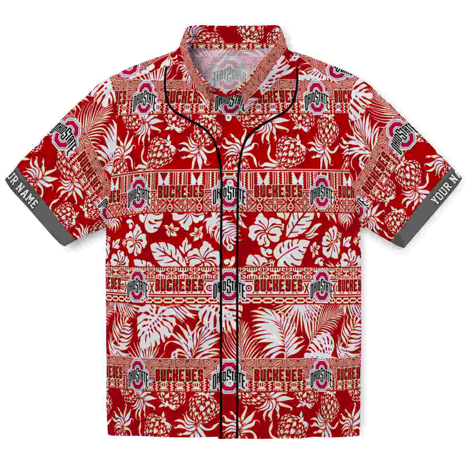 Keptsake Personalized Ohio State Buckeyes Tribal Stripes Scarlet White Premium Hawaiian Shirt
