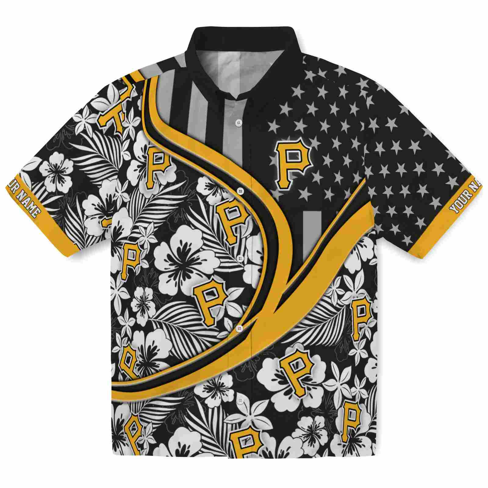 Keptsake Personalized Pittsburgh Pirates Floral Wave Black White Premium Hawaiian Shirt