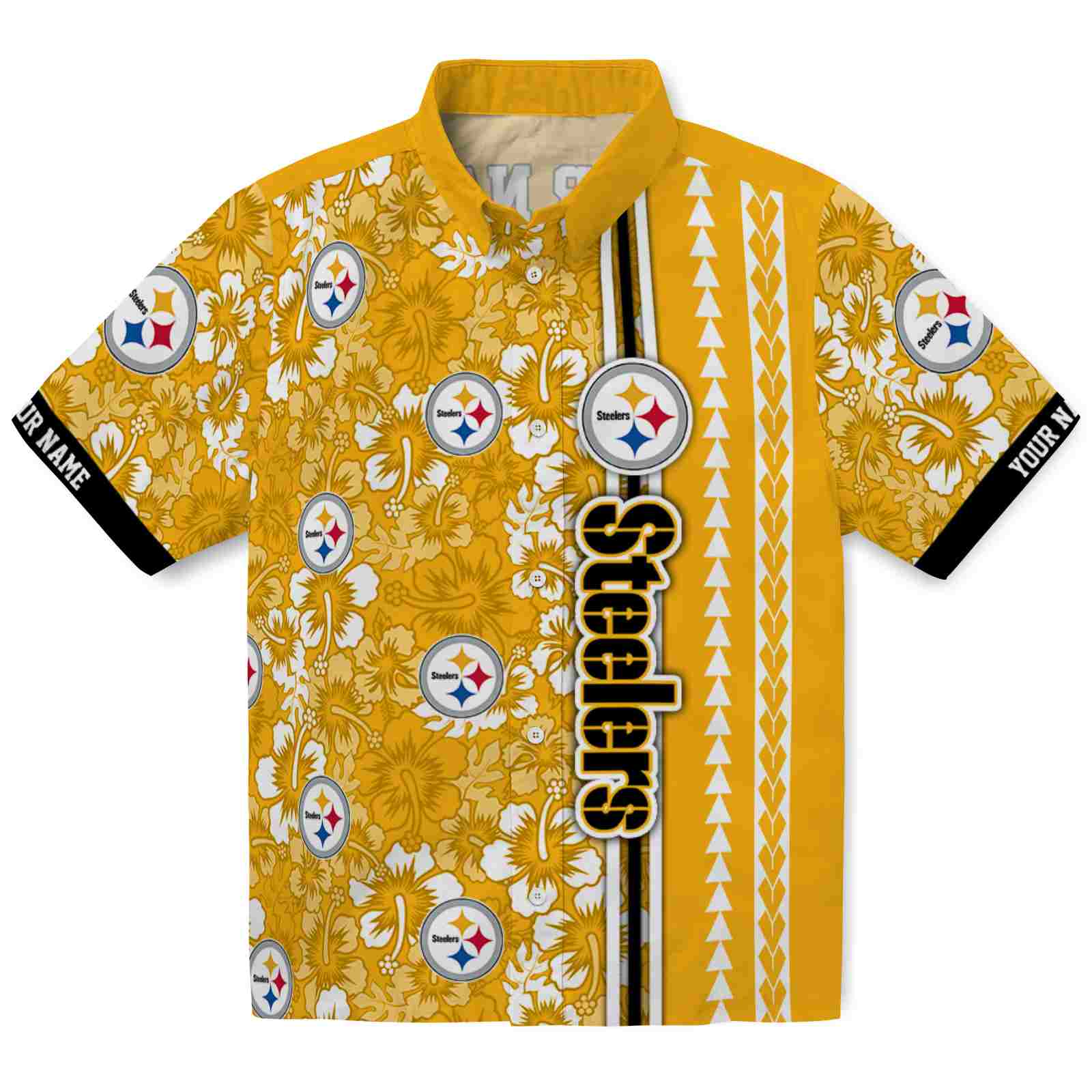 Keptsake Personalized Pittsburgh Steelers Hibiscus Arrows Gold White Premium Hawaiian Shirt