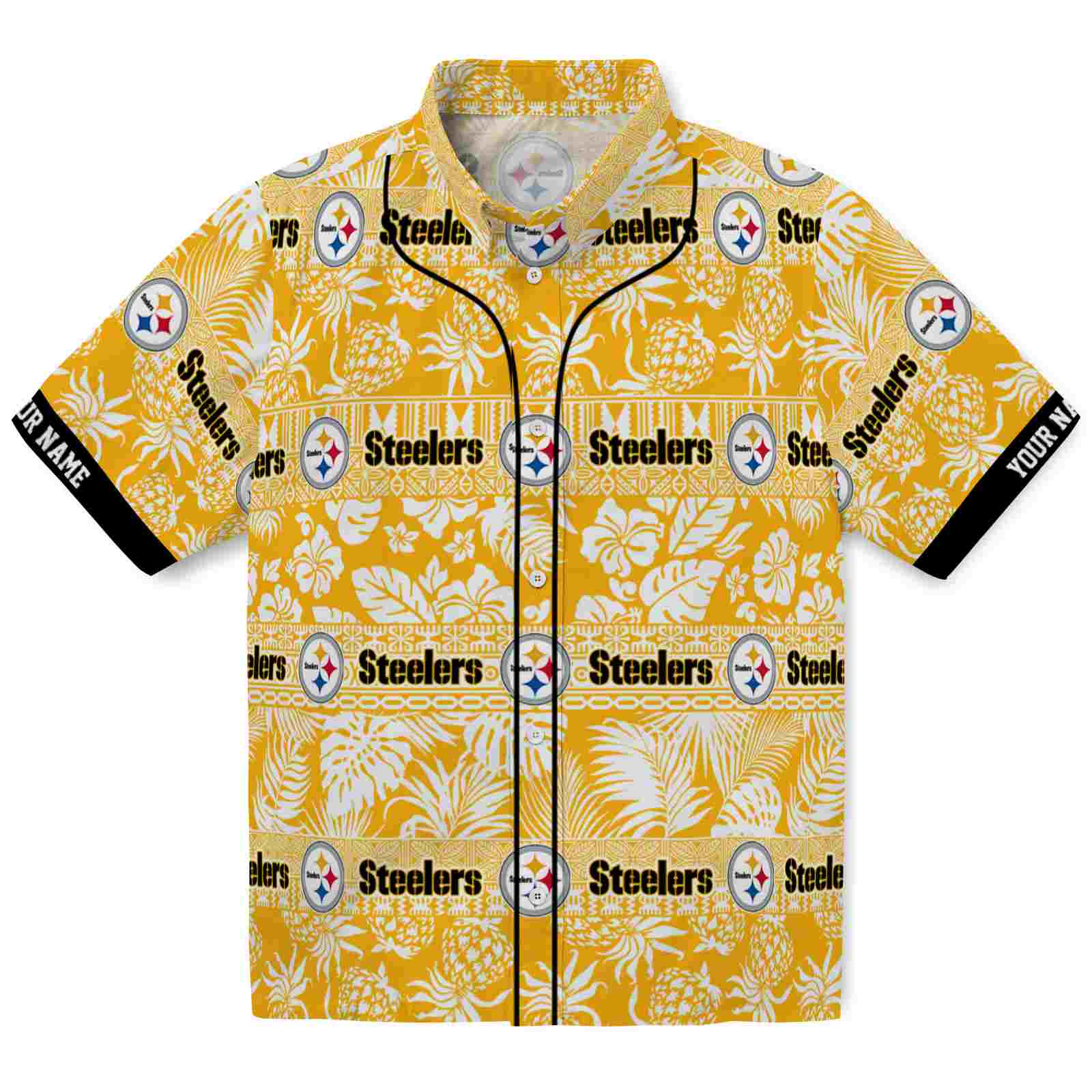 Keptsake Personalized Pittsburgh Steelers Tribal Stripes Gold White Premium Hawaiian Shirt