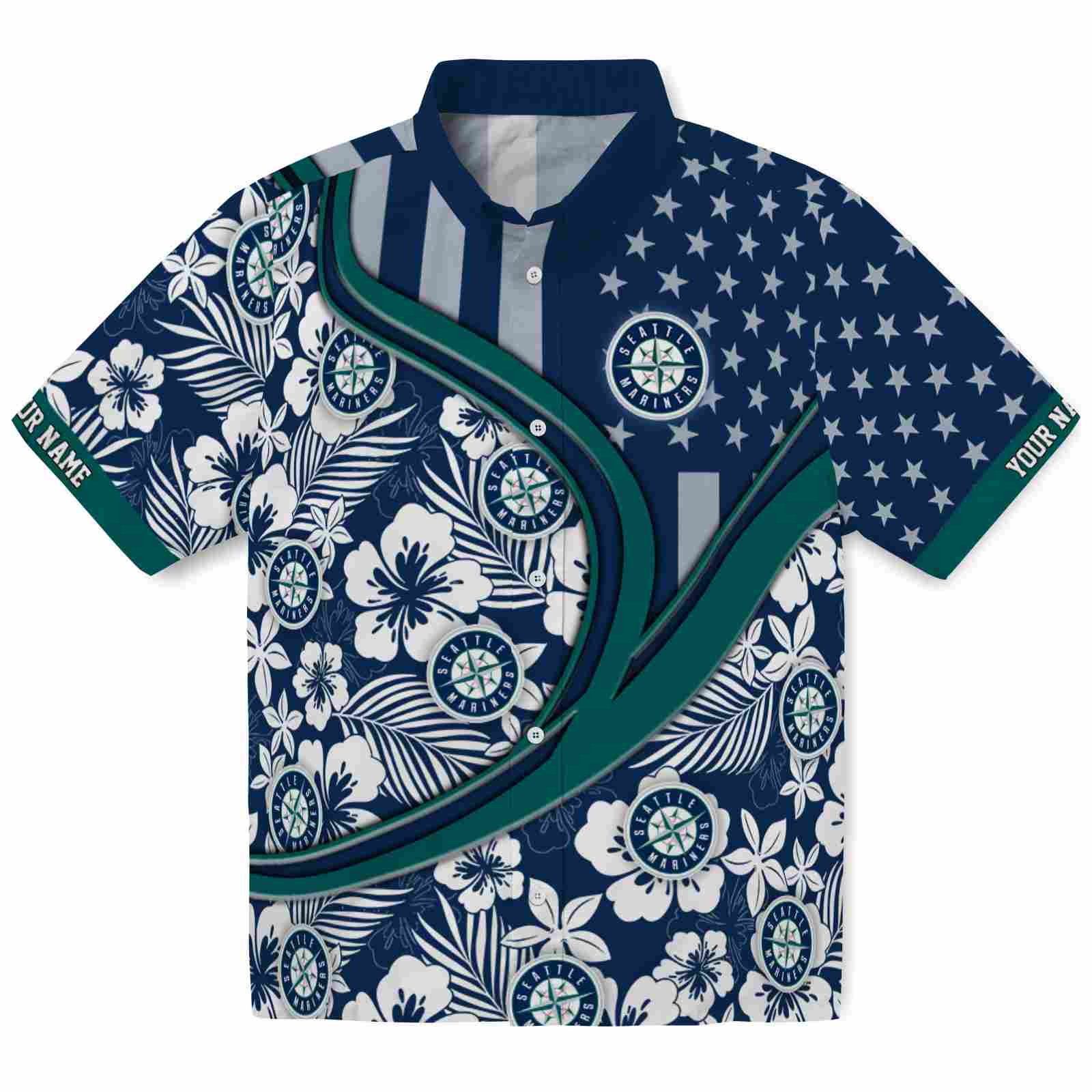 Keptsake Personalized Seattle Mariners Floral Wave Navy Blue White Premium Hawaiian Shirt