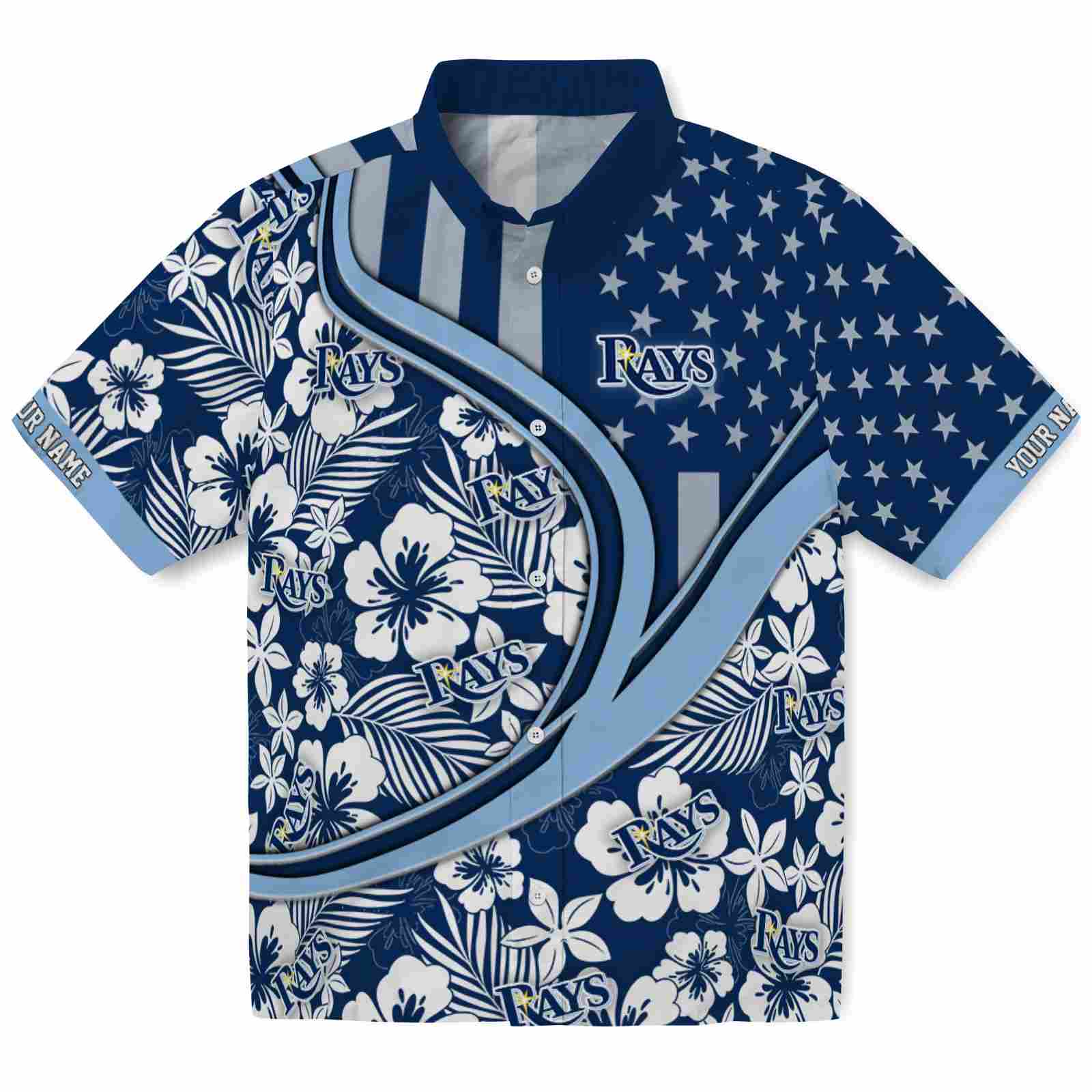 Keptsake Personalized Tampa Bay Rays Floral Wave Navy White Premium Hawaiian Shirt