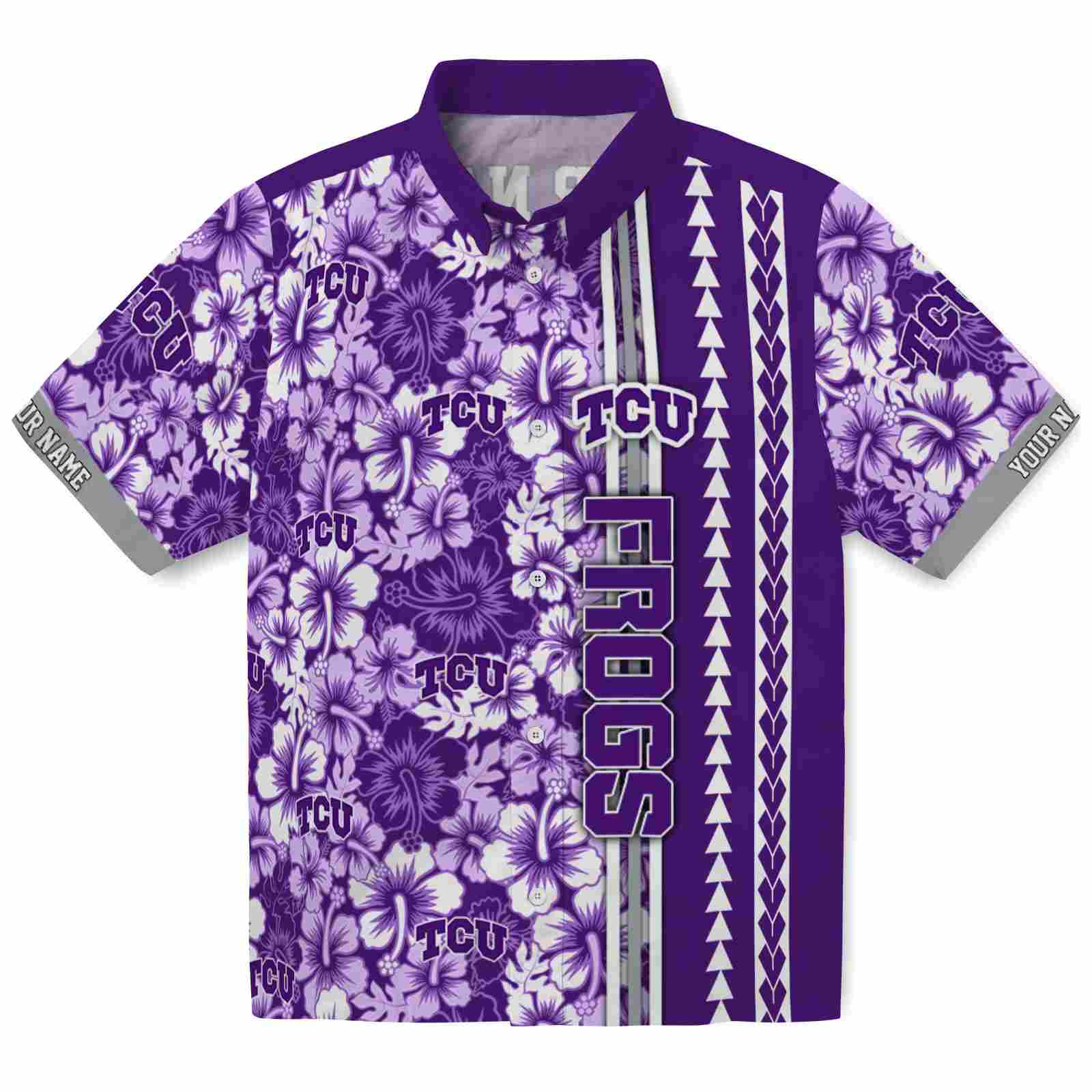 Keptsake Personalized TCU Horned Frogs Hibiscus Arrows Purple White Premium Hawaiian Shirt