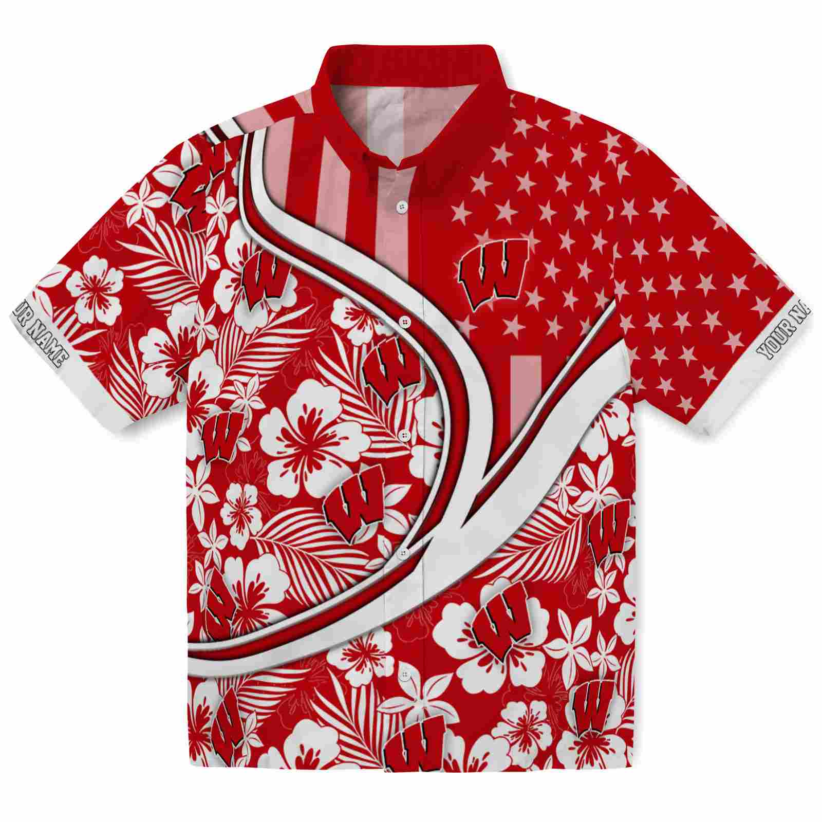 Keptsake Personalized Wisconsin Badgers Floral Wave Red White Premium Hawaiian Shirt