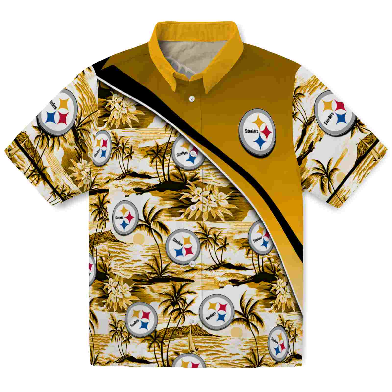 Keptsake Pittsburgh Steelers Sunset Palms Gold White Premium Hawaiian Shirt
