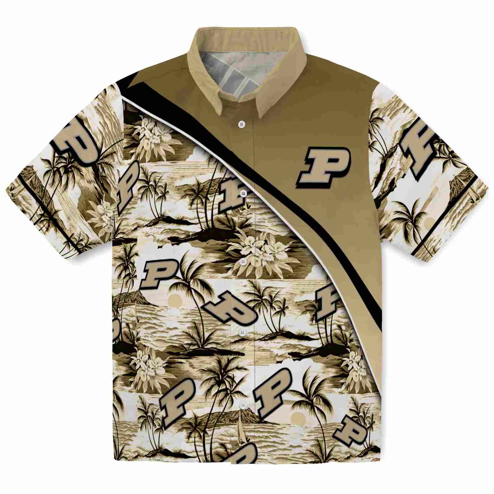 Keptsake Purdue Boilermakers Sunset Palms Gold White Premium Hawaiian Shirt