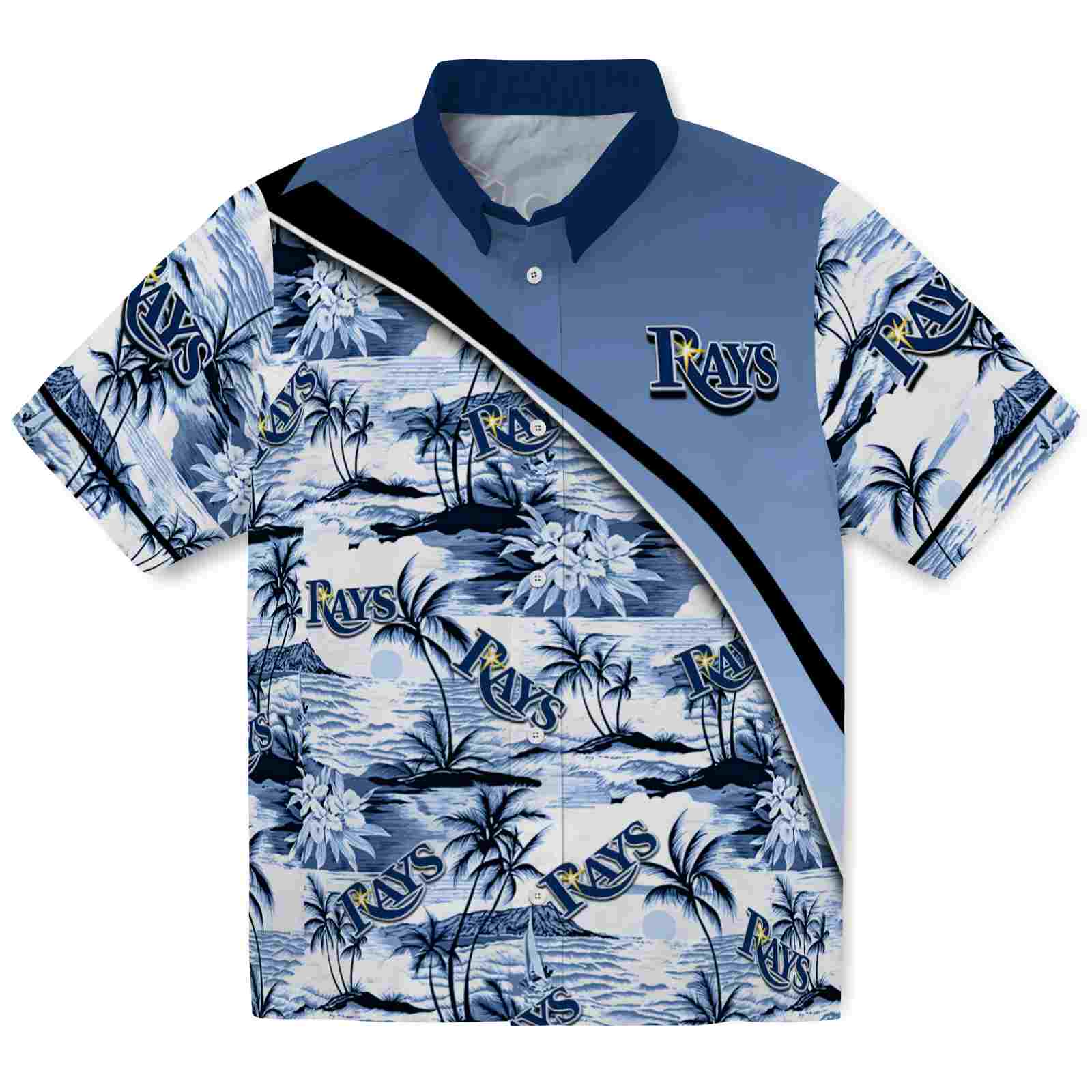Keptsake Tampa Bay Rays Sunset Palms Navy White Premium Hawaiian Shirt