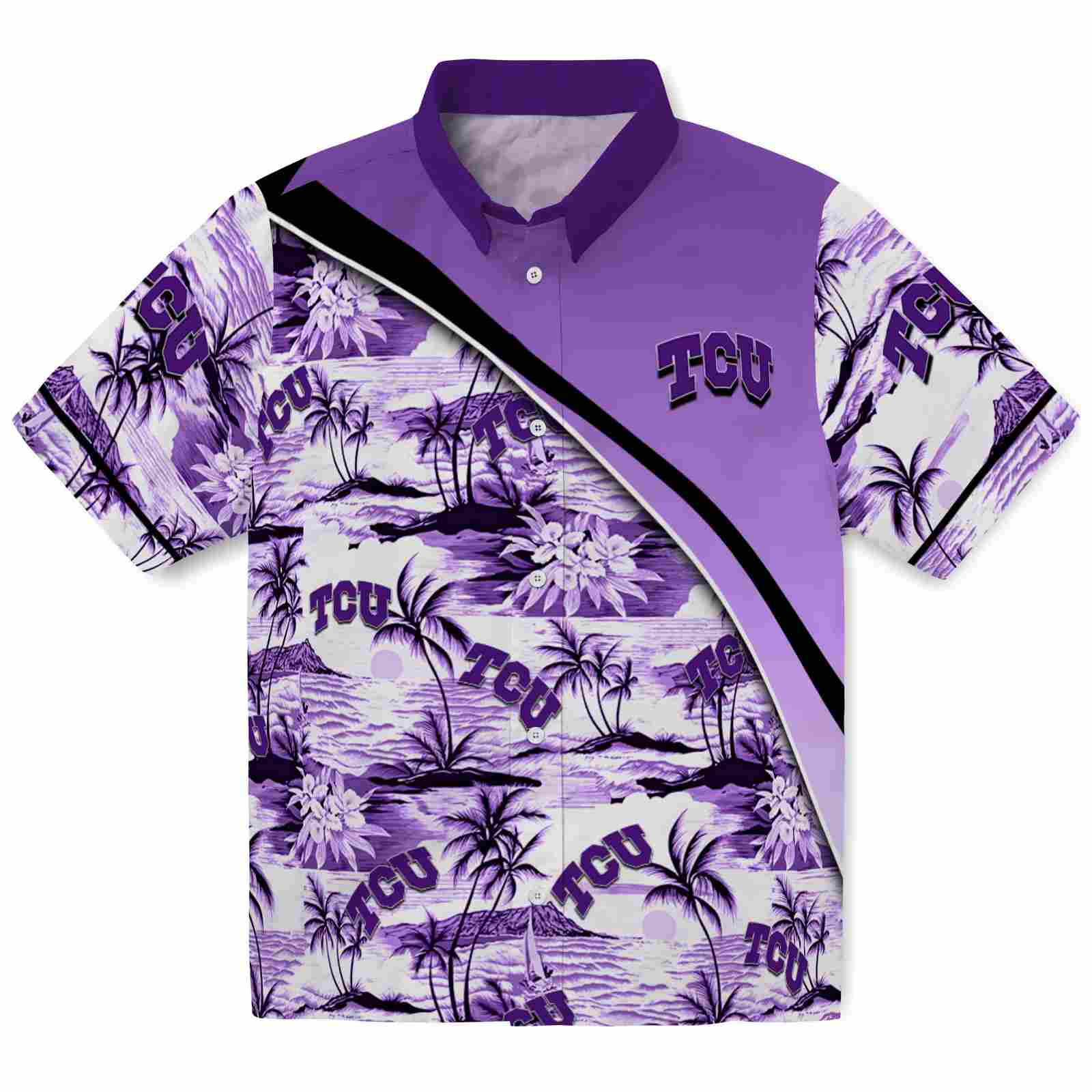 Keptsake TCU Horned Frogs Sunset Palms Purple White Premium Hawaiian Shirt