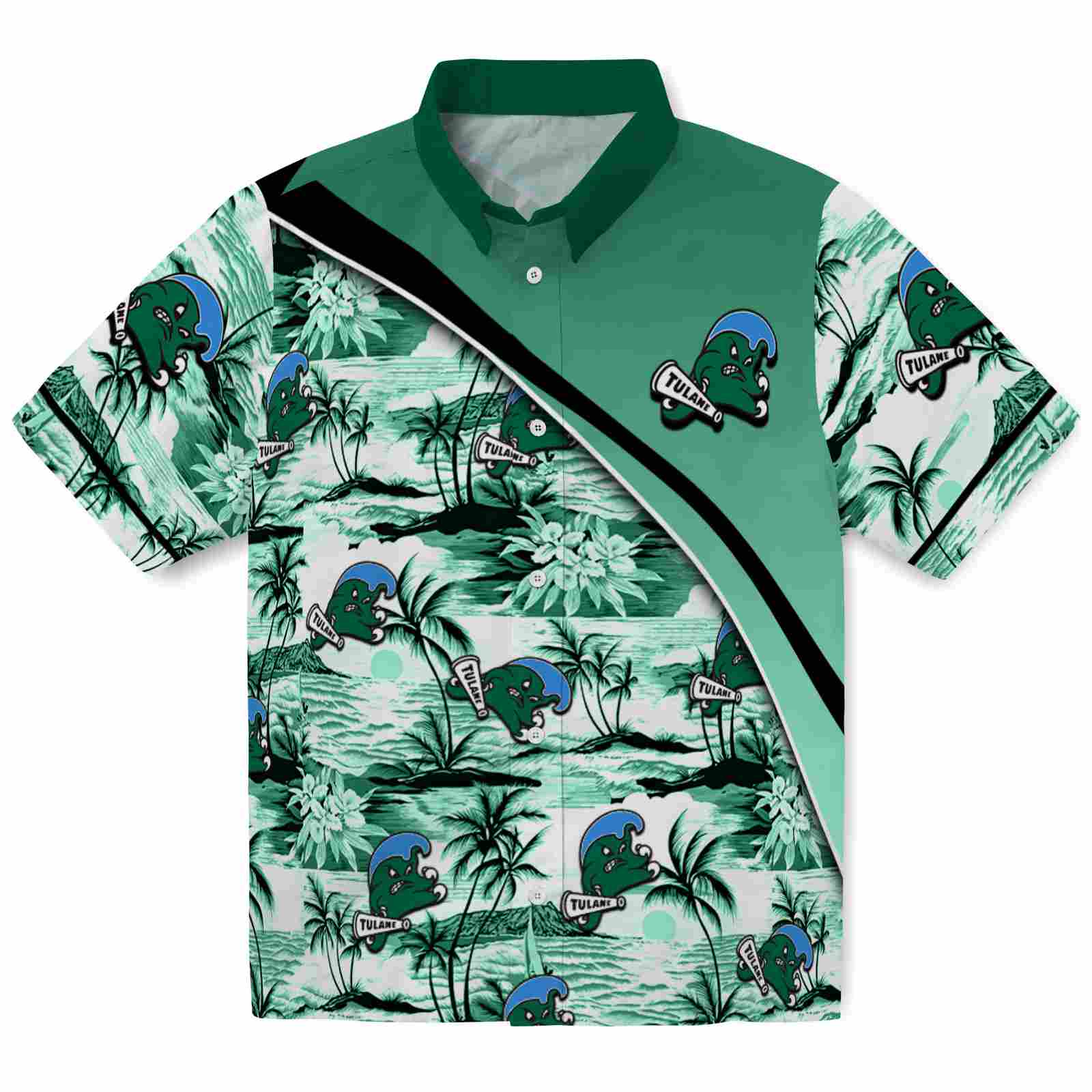Keptsake Tulane Green Wave Sunset Palms Green White Premium Hawaiian Shirt
