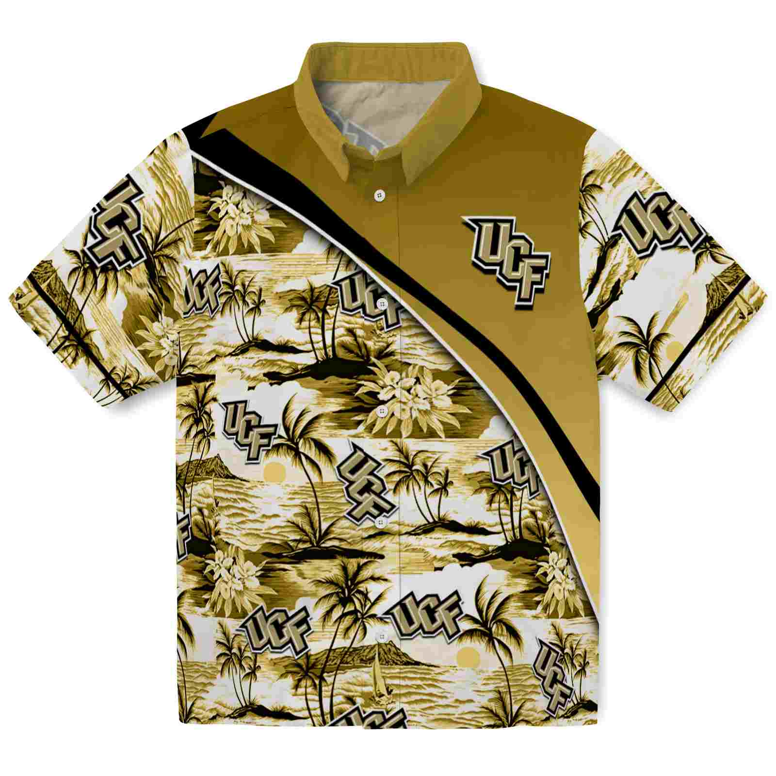 Keptsake UCF Knights Sunset Palms Gold White Premium Hawaiian Shirt
