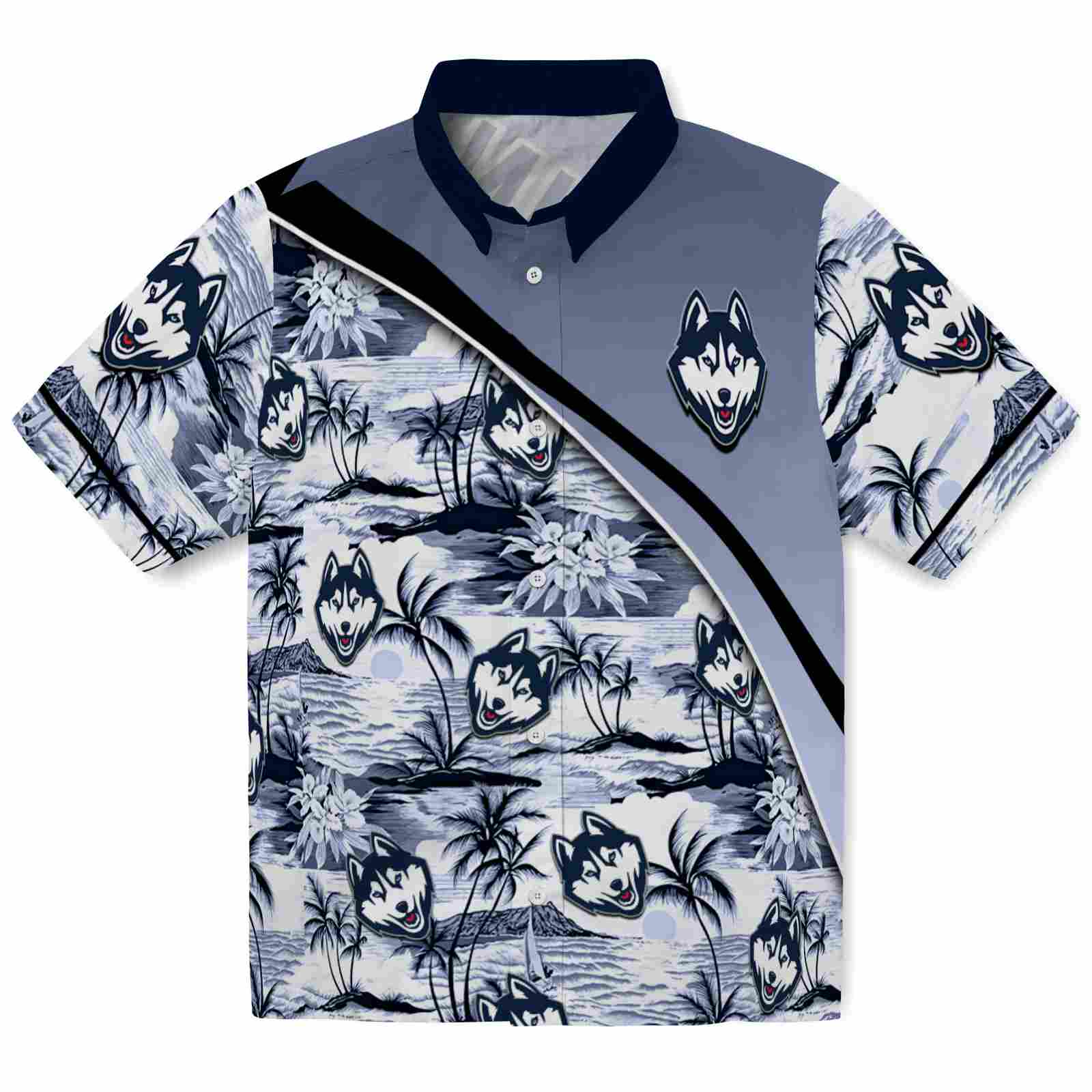 Keptsake UConn Huskies Sunset Palms Blue White Premium Hawaiian Shirt