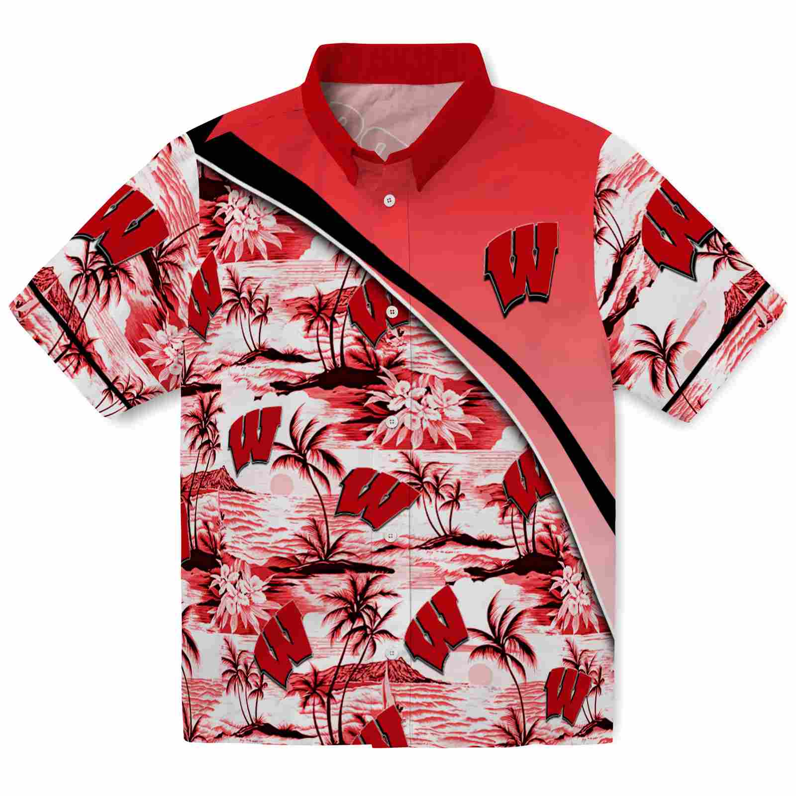 Keptsake Wisconsin Badgers Sunset Palms Red White Premium Hawaiian Shirt