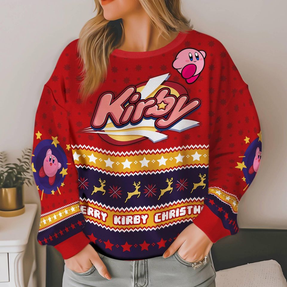 Kirby Video Game Ugly Christmas Sweater, Pink Kirby Video Game Ugly Xmas Sweater - Image 5