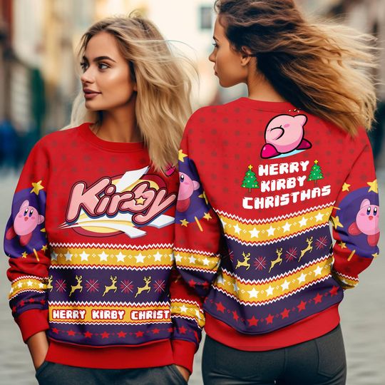 Kirby Video Game Ugly Christmas Sweater, Pink Kirby Video Game Ugly Xmas Sweater - Image 8