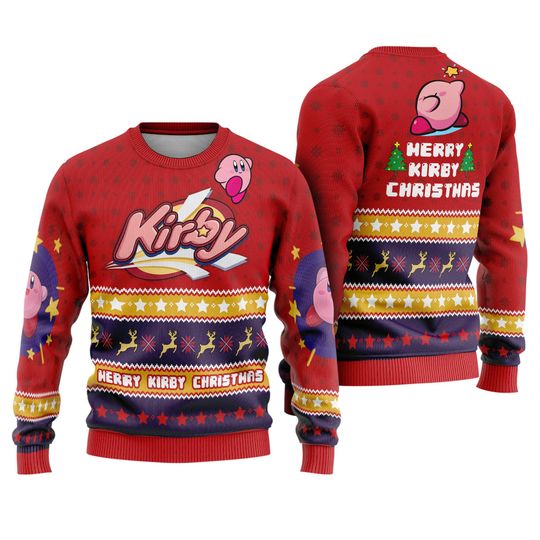 Kirby Video Game Ugly Christmas Sweater, Pink Kirby Video Game Ugly Xmas Sweater - Image 9