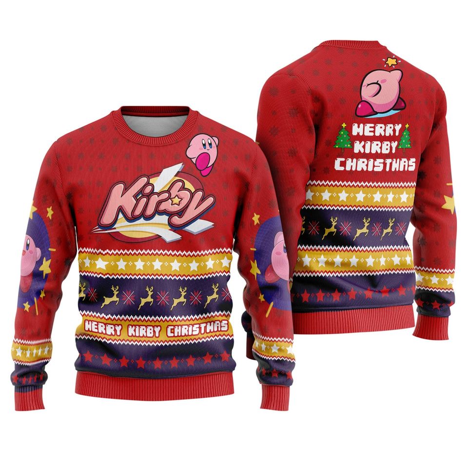 Kirby Video Game Ugly Christmas Sweater, Pink Kirby Video Game Ugly Xmas Sweater - Image 3