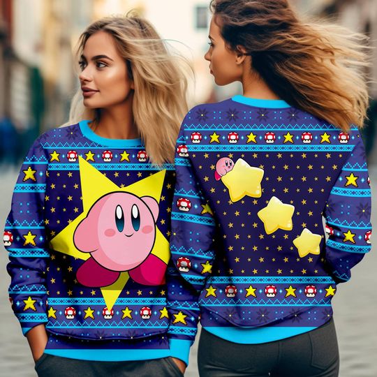 Kirby Video Game Ugly Christmas Sweater, Pink Kirby Video Game Ugly Xmas Sweatshirt - Image 5