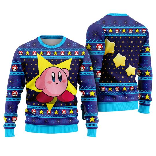 Kirby Video Game Ugly Christmas Sweater, Pink Kirby Video Game Ugly Xmas Sweatshirt - Image 7