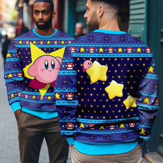 Kirby Video Game Ugly Christmas Sweater, Pink Kirby Video Game Ugly Xmas Sweatshirt - Image 8