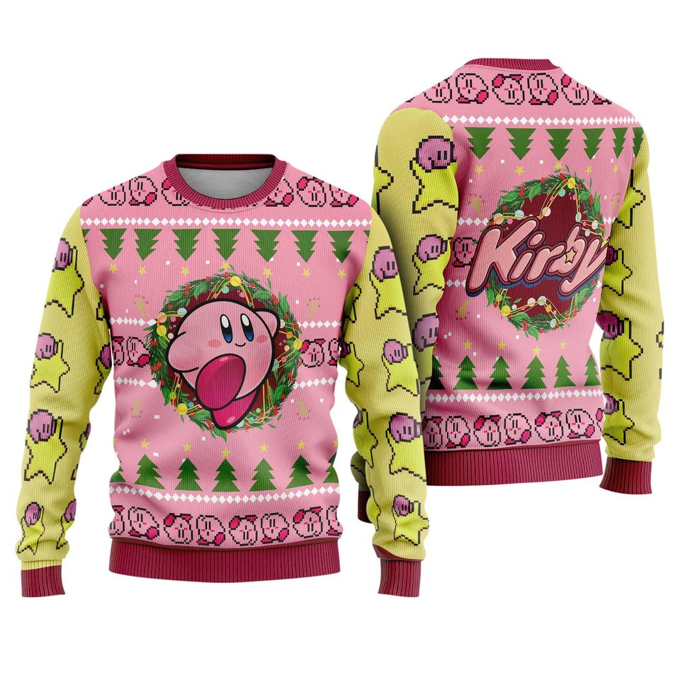 Kirby Video Game Ugly Christmas Sweatshirt | Pink Kirby Ugly Sweater